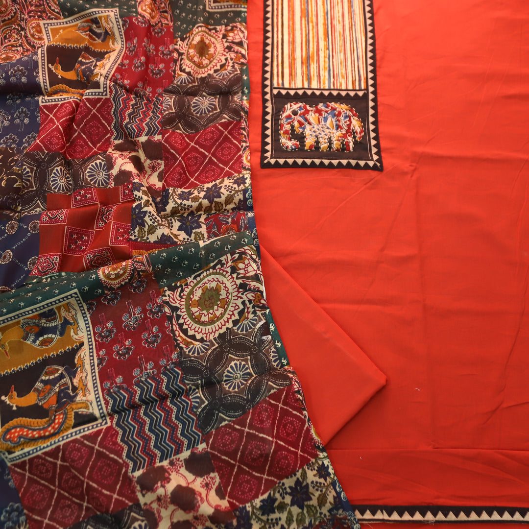 Jiya Rust Orange with Kalamkari Applique Patch Cotton Set