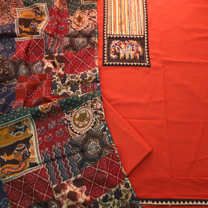 Jiya Rust Orange with Kalamkari Applique Patch Cotton Set