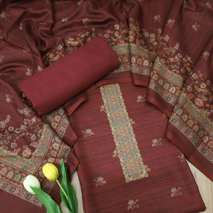 सांभ Maroon Red Elegant All Over Digital Printed Semi Pashmina Winter Set