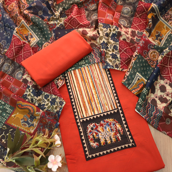 Jiya Rust Orange with Kalamkari Applique Patch Cotton Set