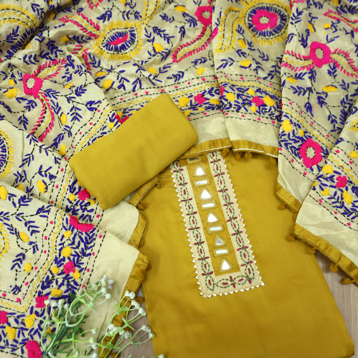 Rukhsat Corn Yellow Mirror In Front with Patch Glazed Cotton Suit Set