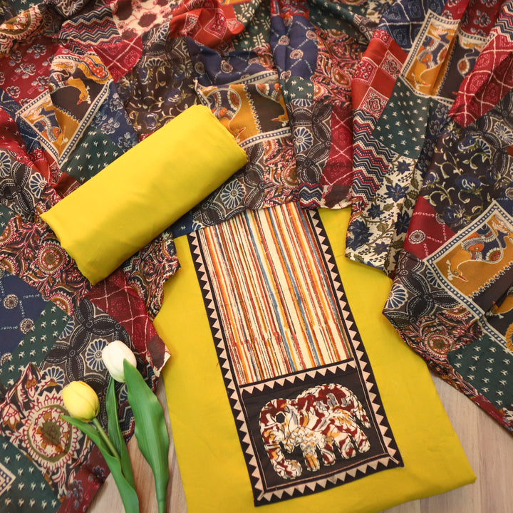 Jiya Sunflower Yellow with Kalamkari Applique Patch Cotton Set