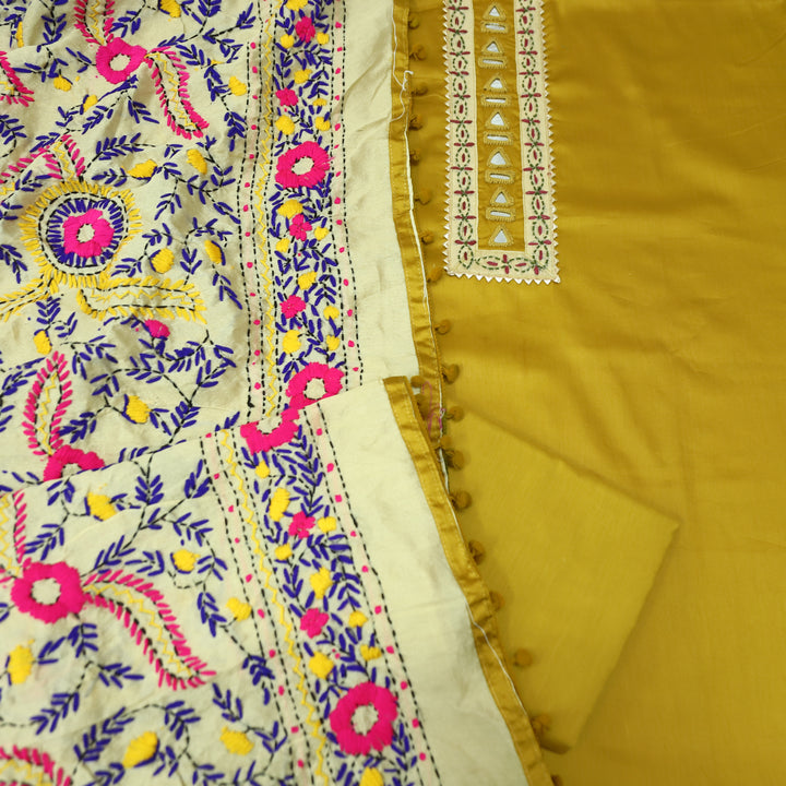 Rukhsat Corn Yellow Mirror In Front with Patch Glazed Cotton Suit Set