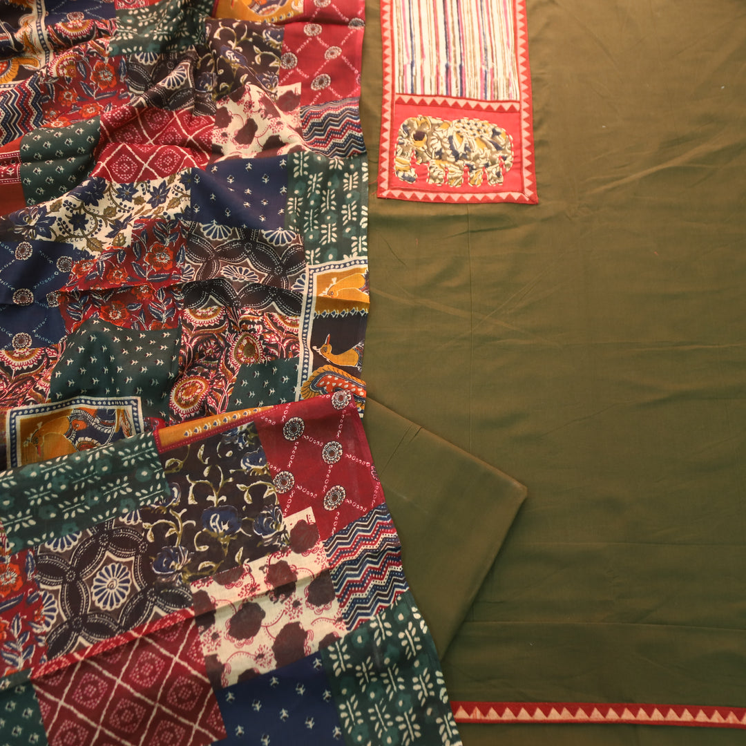 Jiya Forest Green with Kalamkari Applique Patch Cotton Set