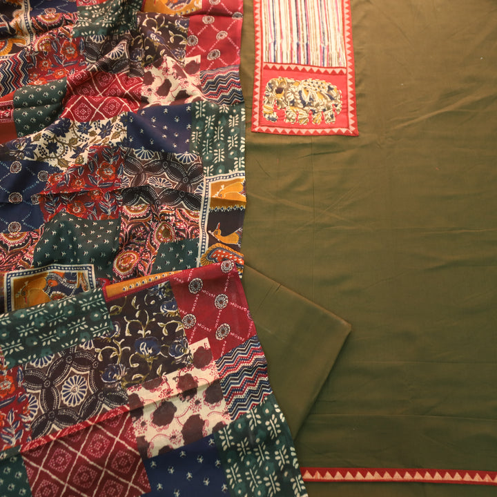 Jiya Forest Green with Kalamkari Applique Patch Cotton Set