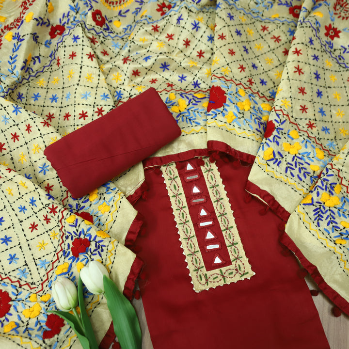 Rukhsat Bride Red Mirror In Front with Patch Glazed Cotton Suit Set