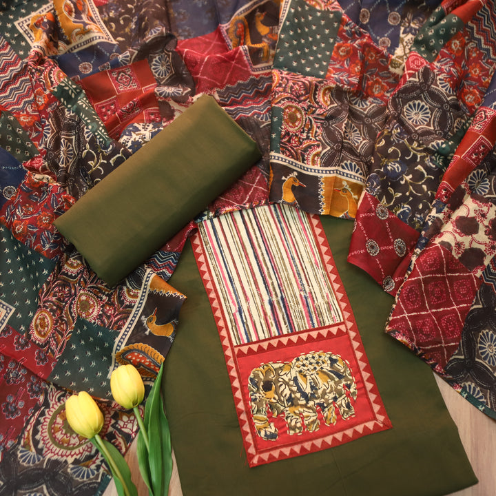 Jiya Forest Green with Kalamkari Applique Patch Cotton Set