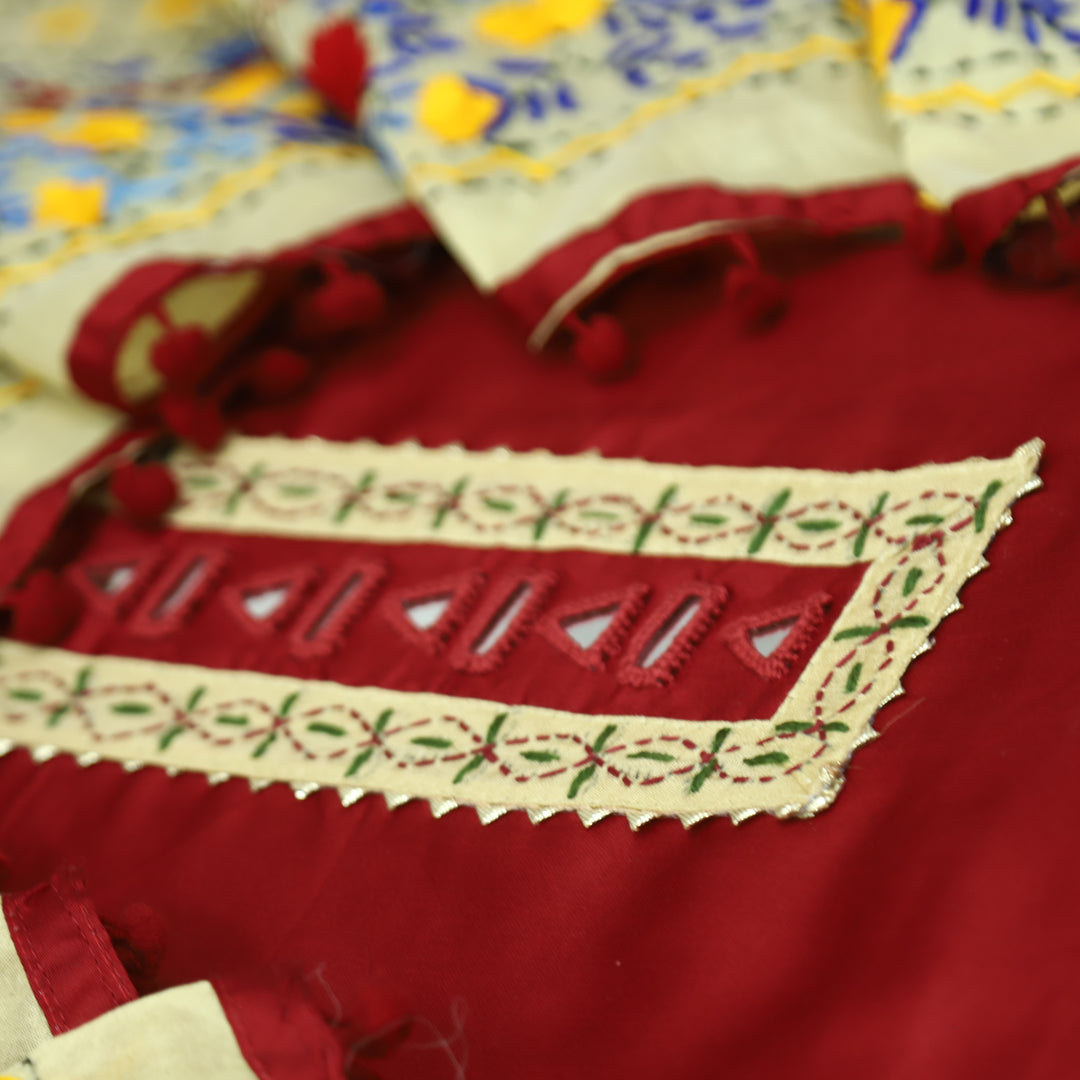 Rukhsat Bride Red Mirror In Front with Patch Glazed Cotton Suit Set