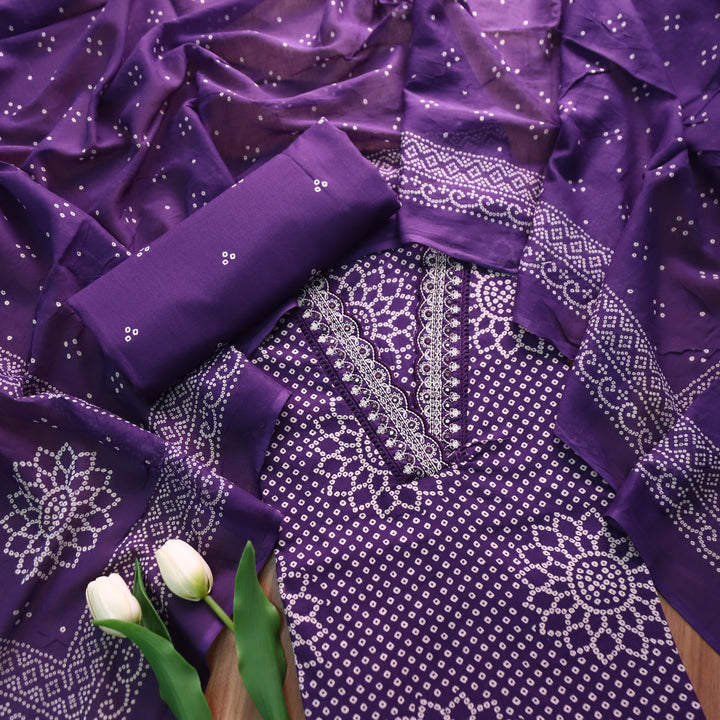 Riwaish Blueberry Purple Cut Work Thread Lace V Neck Bandhani Print Cotton Suit Set
