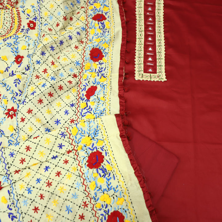 Rukhsat Bride Red Mirror In Front with Patch Glazed Cotton Suit Set