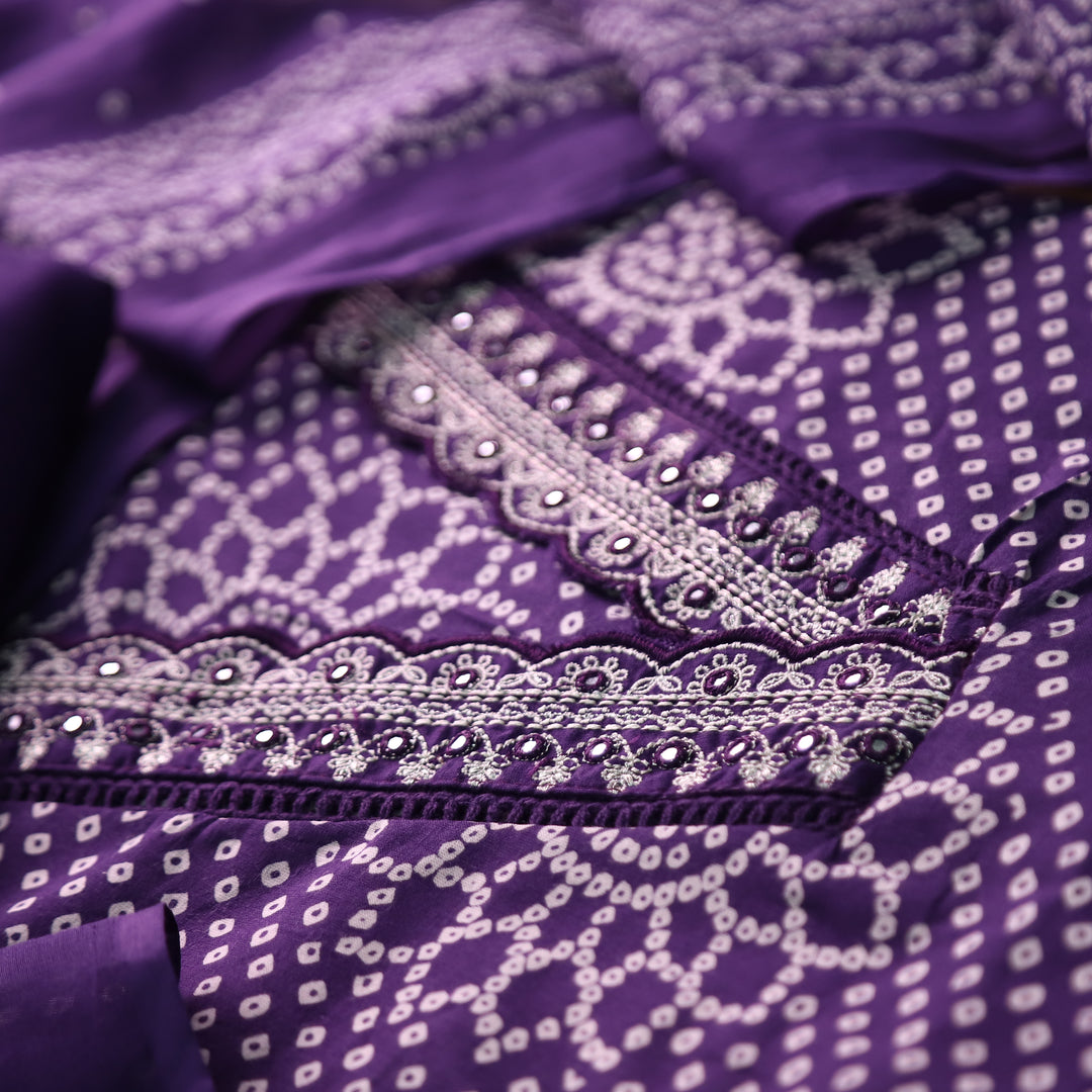 Riwaish Blueberry Purple Cut Work Thread Lace V Neck Bandhani Print Cotton Suit Set