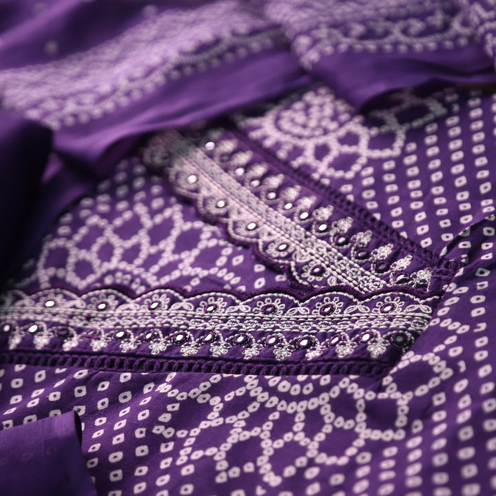 Riwaish Blueberry Purple Cut Work Thread Lace V Neck Bandhani Print Cotton Suit Set