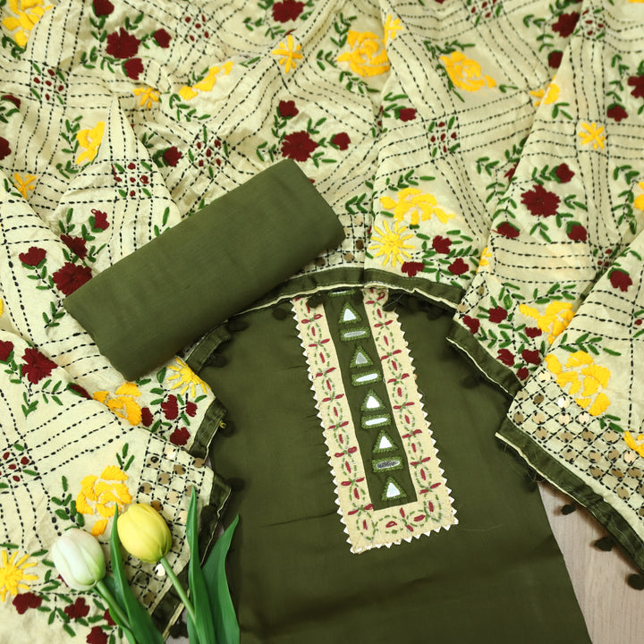 Rukhsat Forest Green Mirror In Front with Patch Glazed Cotton Suit Set