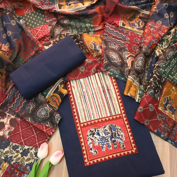Jiya Royal Blue with Kalamkari Applique Patch Cotton Set