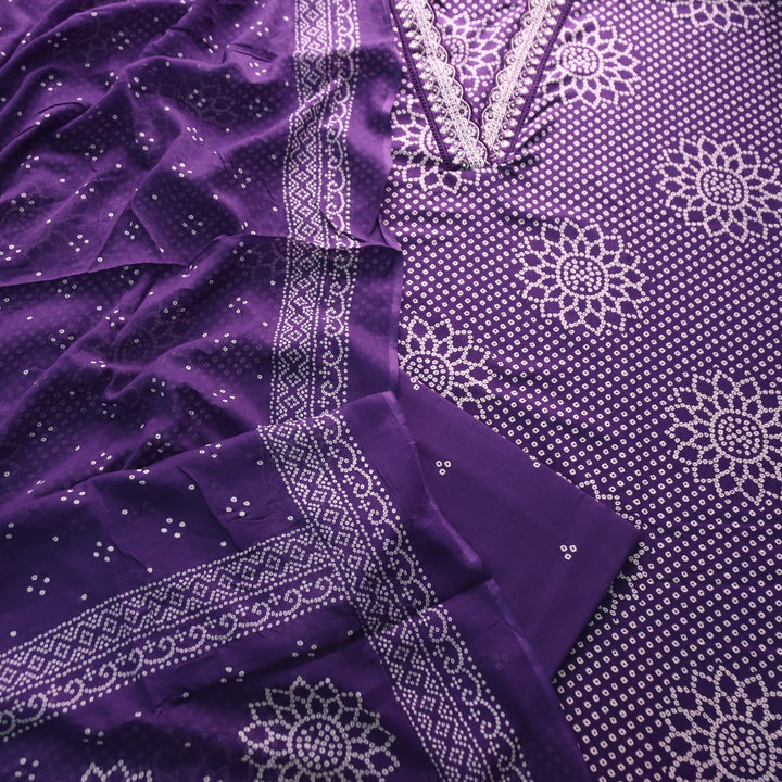 Riwaish Blueberry Purple Cut Work Thread Lace V Neck Bandhani Print Cotton Suit Set