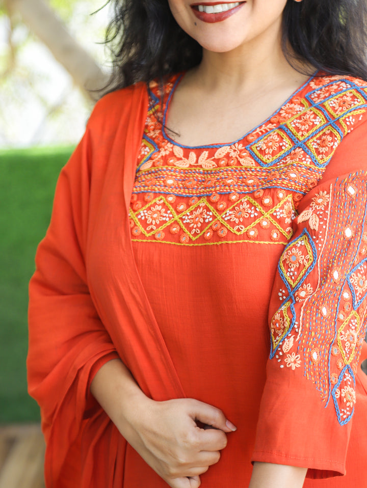 Bhanushi Orange Bengal Hand Embroidery 3 Piece Set