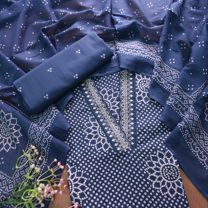 Riwaish Navy Blue Cut Work Thread Lace V Neck Bandhani Print Cotton Suit Set