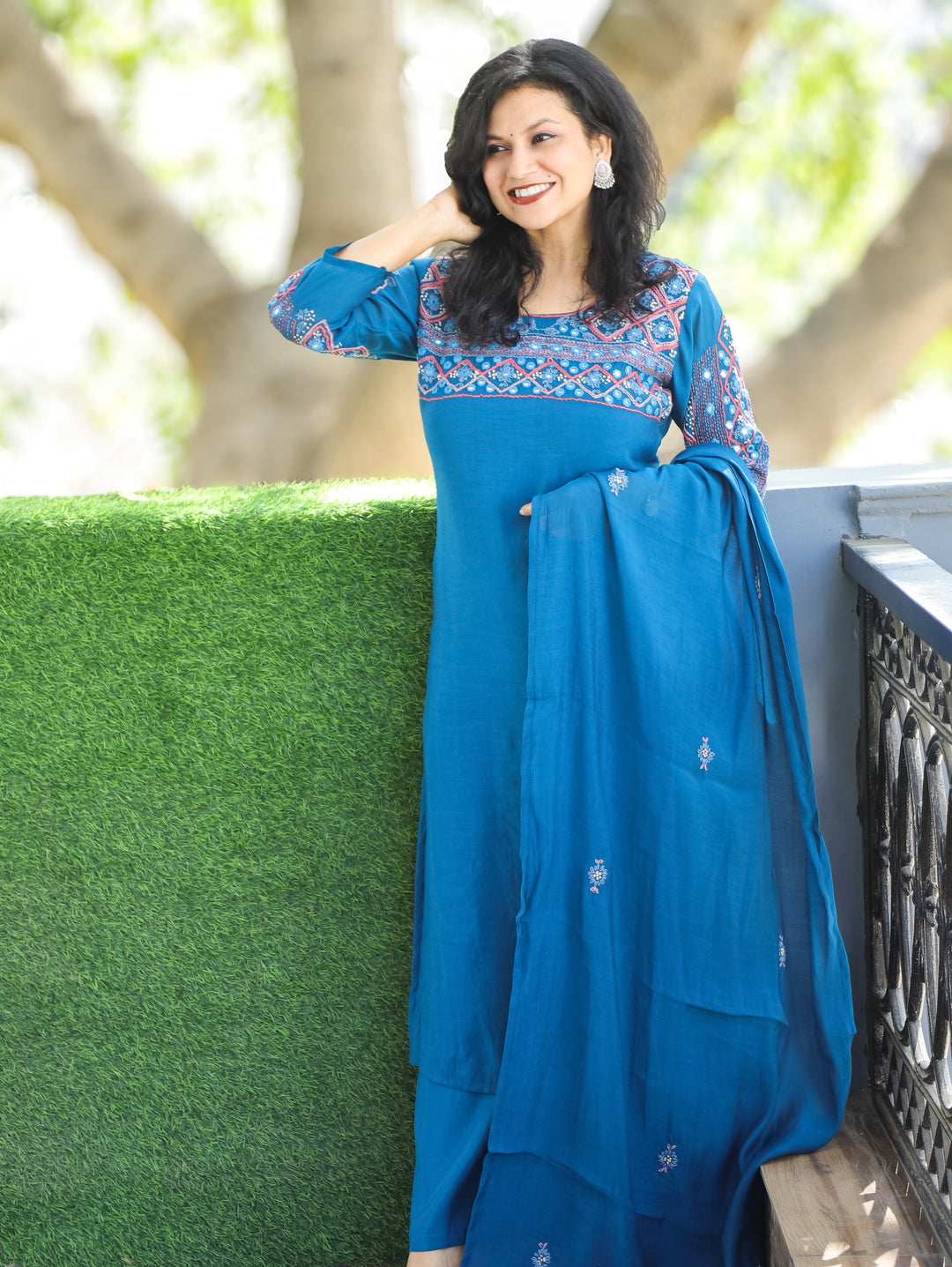Bhanushi Cobalt Blue Authentic Bengal Hand Embroidered Neck Mul Chanderi 3 Piece Set