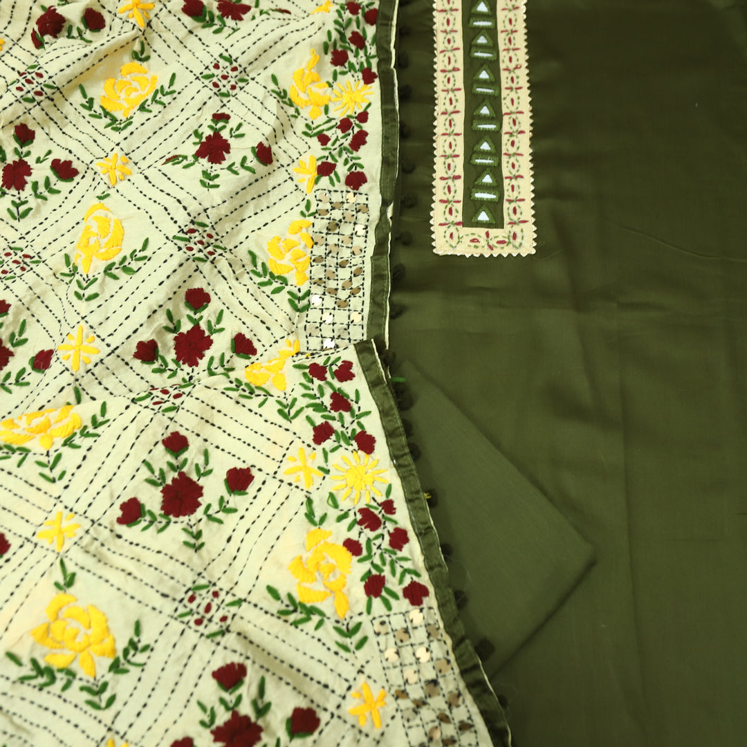 Rukhsat Forest Green Mirror In Front with Patch Glazed Cotton Suit Set