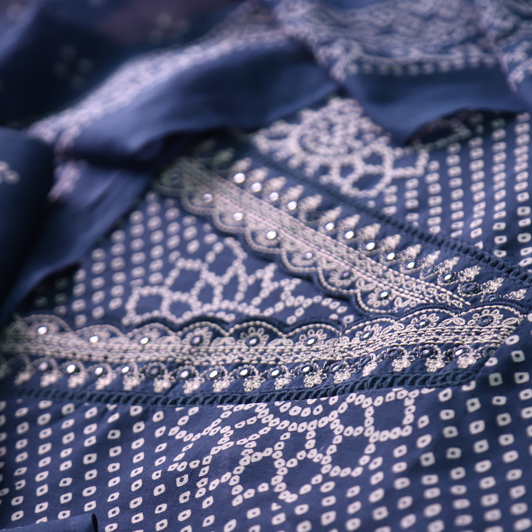 Riwaish Navy Blue Cut Work Thread Lace V Neck Bandhani Print Cotton Suit Set