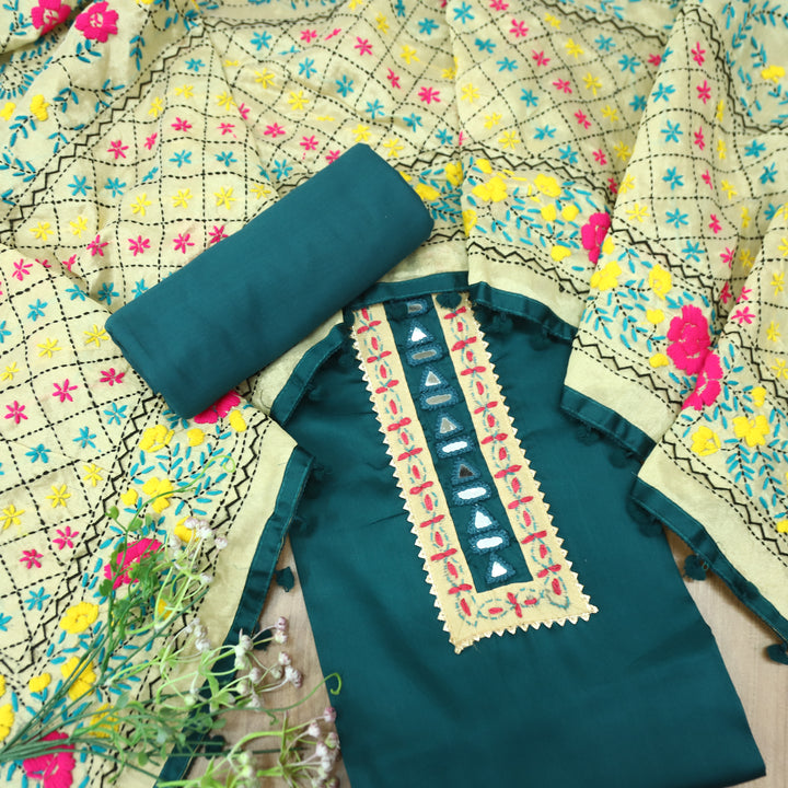 Rukhsat Cerulean Teal Mirror In Front with Patch Glazed Cotton Suit Set