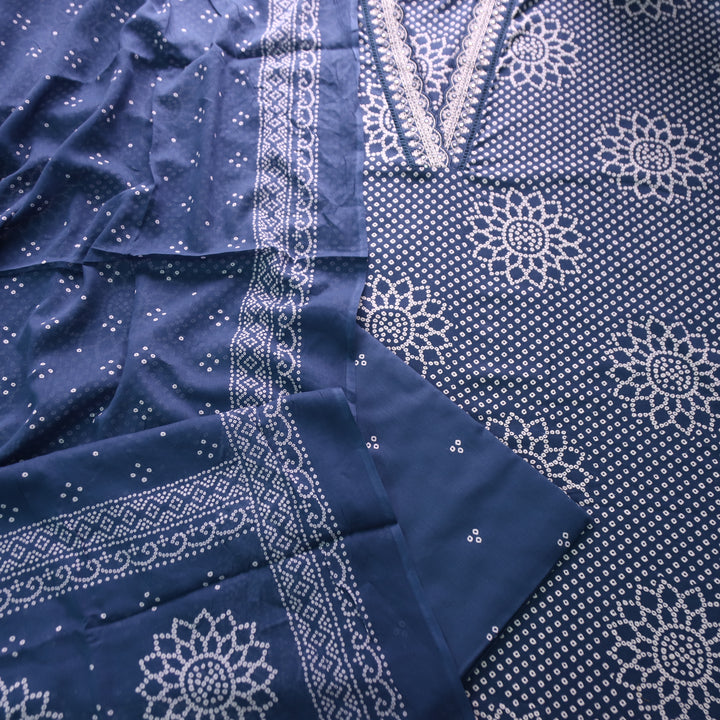 Riwaish Navy Blue Cut Work Thread Lace V Neck Bandhani Print Cotton Suit Set