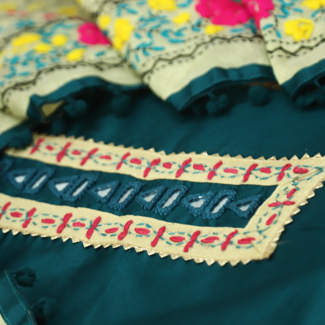 Rukhsat Cerulean Teal Mirror In Front with Patch Glazed Cotton Suit Set