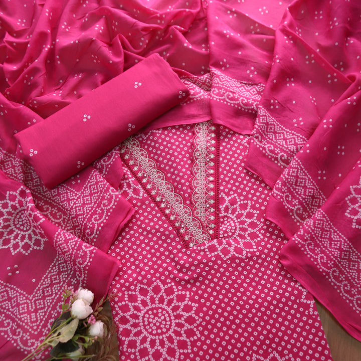 Riwaish Rani Pink Cut Work Thread Lace V Neck Bandhani Print Cotton Suit Set