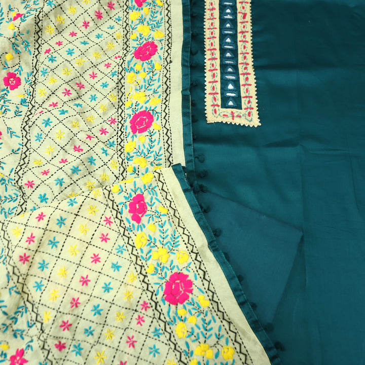 Rukhsat Cerulean Teal Mirror In Front with Patch Glazed Cotton Suit Set