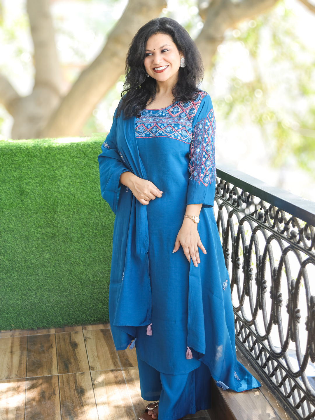 Bhanushi Cobalt Blue Authentic Bengal Hand Embroidered Neck Mul Chanderi 3 Piece Set