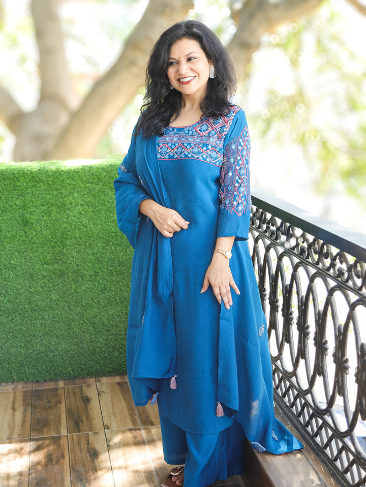 Bhanushi Cobalt Blue Authentic Bengal Hand Embroidered Neck Mul Chanderi 3 Piece Set