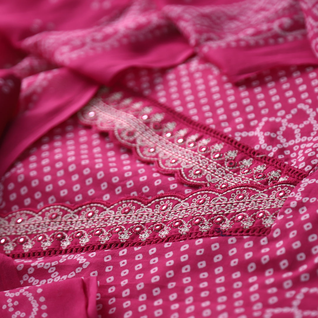 Riwaish Rani Pink Cut Work Thread Lace V Neck Bandhani Print Cotton Suit Set