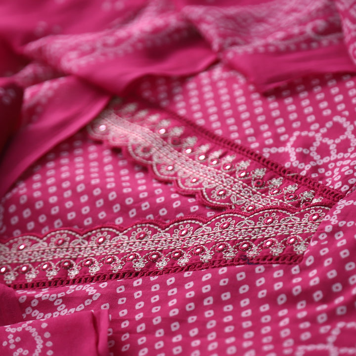 Riwaish Rani Pink Cut Work Thread Lace V Neck Bandhani Print Cotton Suit Set