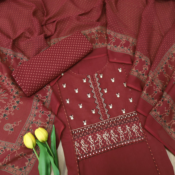 Rimjhim Dark Maroon Patra with Thread Embroidered Yoke Cotton Suit Set