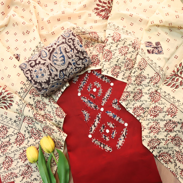 Ishara Carnation Red Kalamakri Applique Panel with Thread Cotton Set