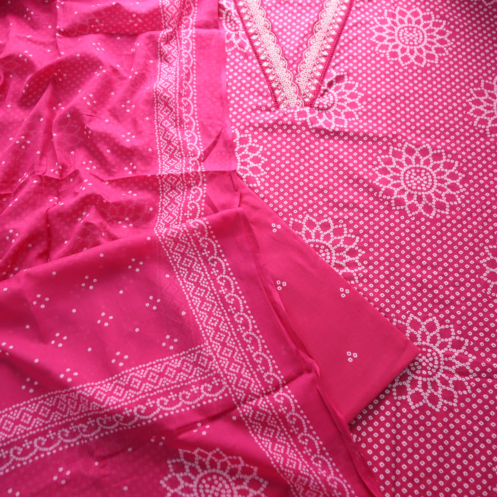 Riwaish Rani Pink Cut Work Thread Lace V Neck Bandhani Print Cotton Suit Set