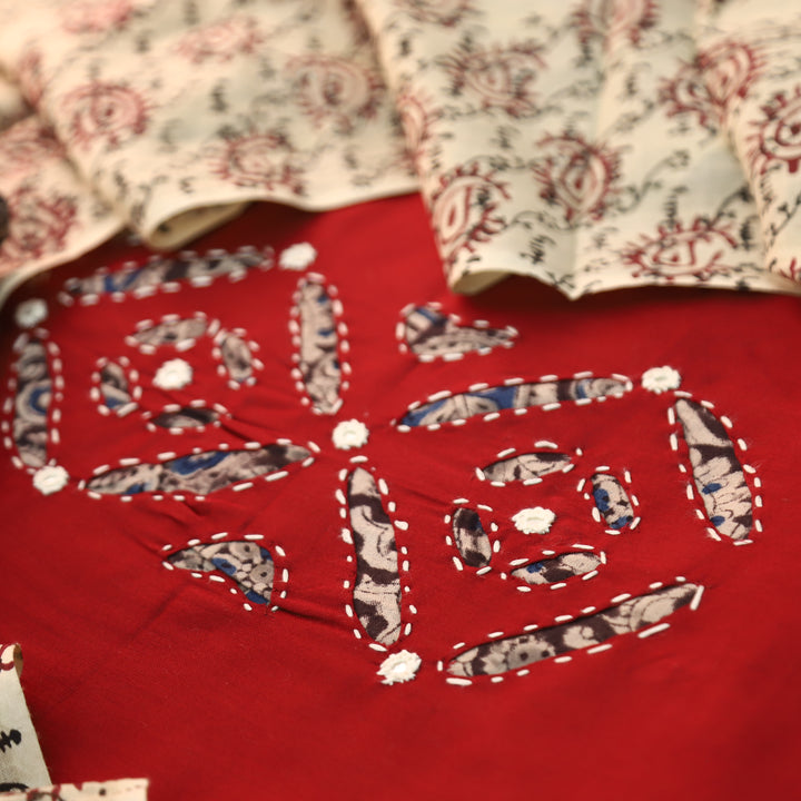 Ishara Carnation Red Kalamakri Applique Panel with Thread Cotton Set