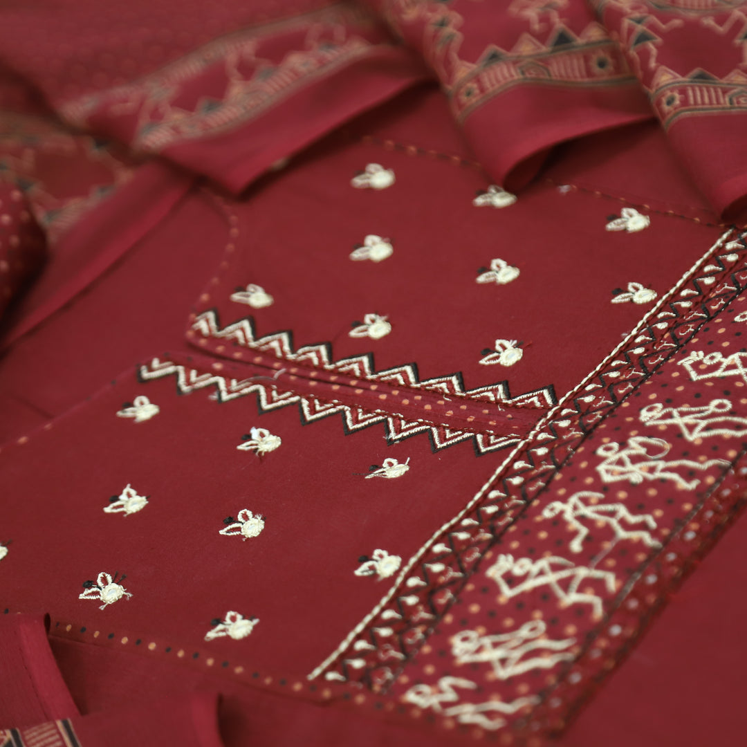 Rimjhim Dark Maroon Patra with Thread Embroidered Yoke Cotton Suit Set