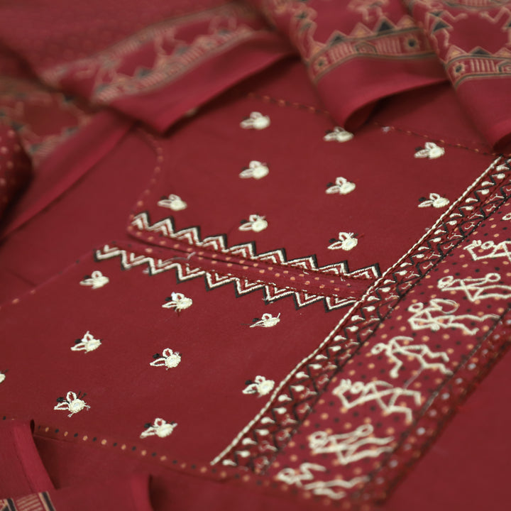 Rimjhim Dark Maroon Patra with Thread Embroidered Yoke Cotton Suit Set