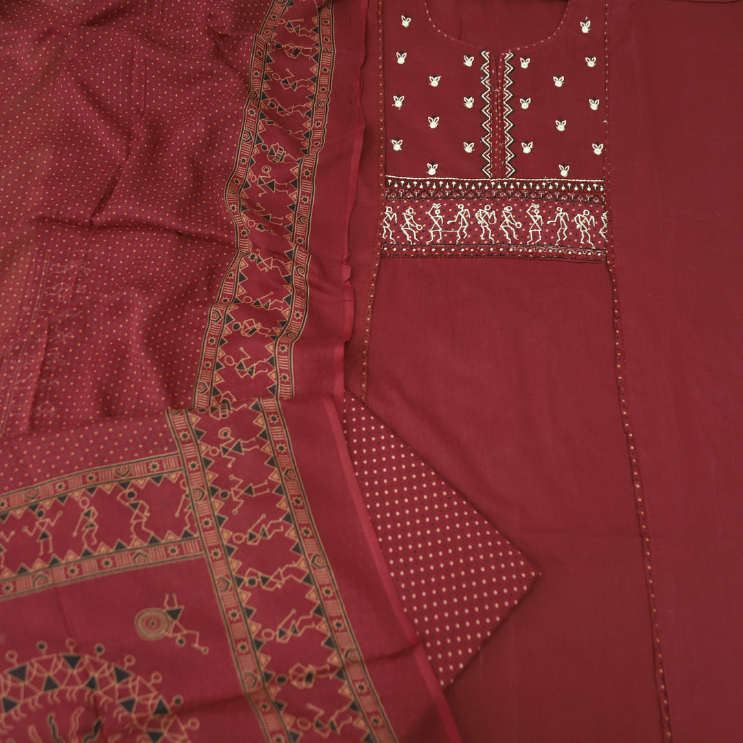 Rimjhim Dark Maroon Patra with Thread Embroidered Yoke Cotton Suit Set