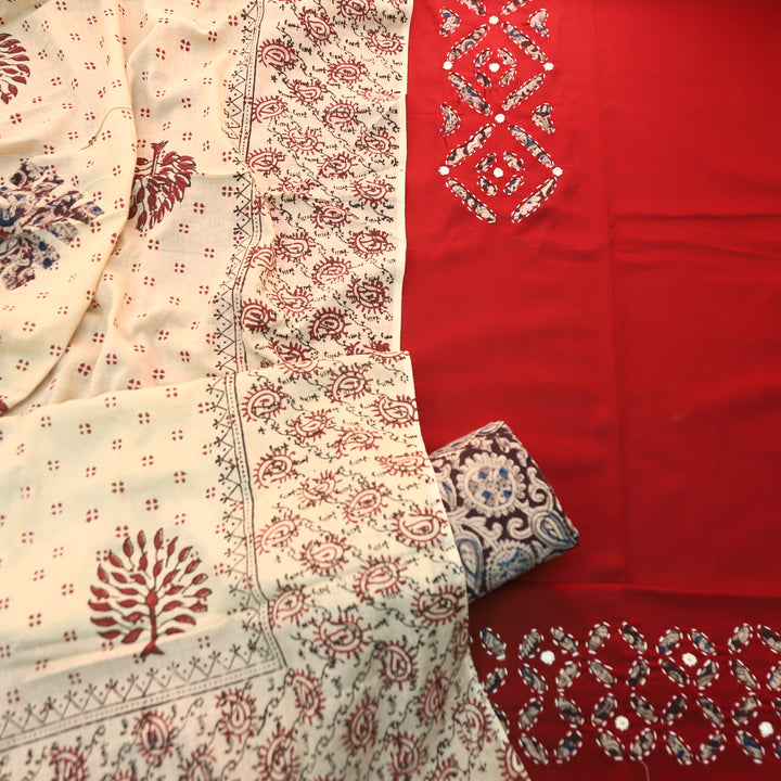 Ishara Carnation Red Kalamakri Applique Panel with Thread Cotton Set