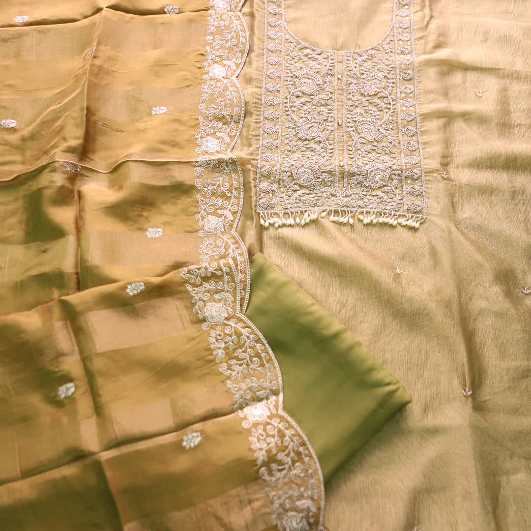 Khayal Olive Green with Embellished Neckline Work Crushed Tissue Suit Set