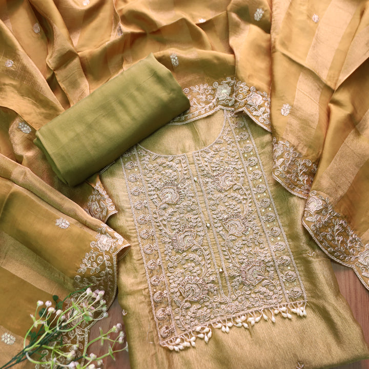 Khayal Olive Green with Embellished Neckline Work Crushed Tissue Suit Set