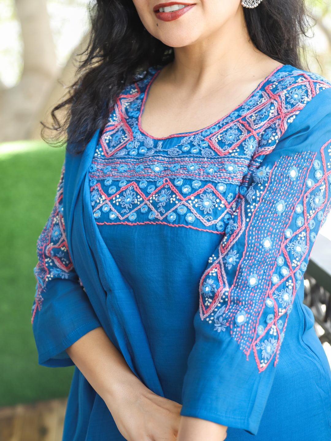 Bhanushi Cobalt Blue Authentic Bengal Hand Embroidered Neck Mul Chanderi 3 Piece Set