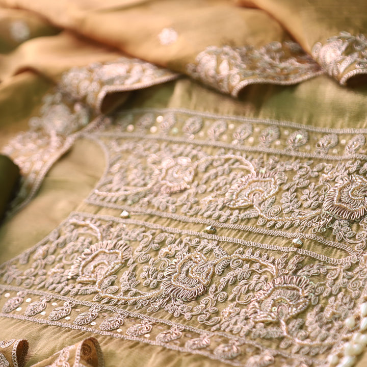 Khayal Olive Green with Embellished Neckline Work Crushed Tissue Suit Set