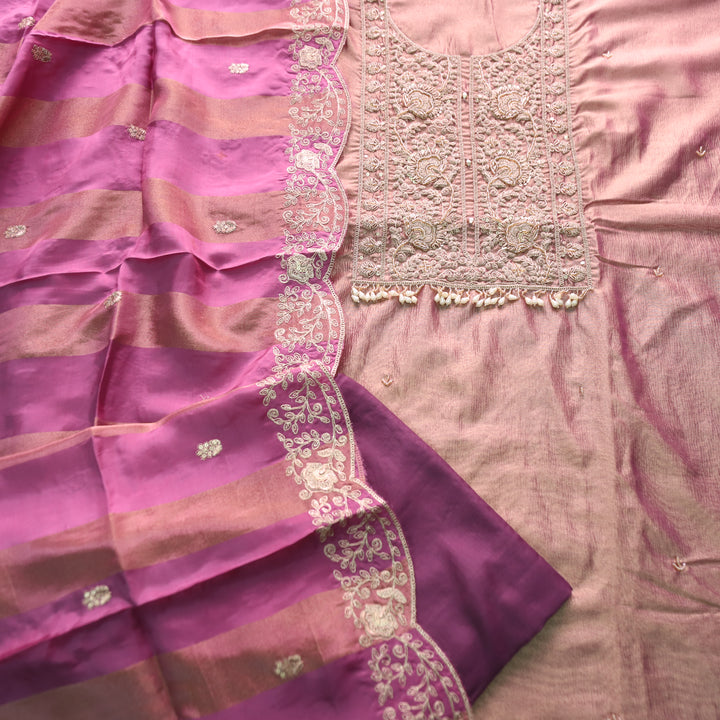 Khayal Vibrant Purple  with Embellished Neckline Work Crushed Tissue Suit Set