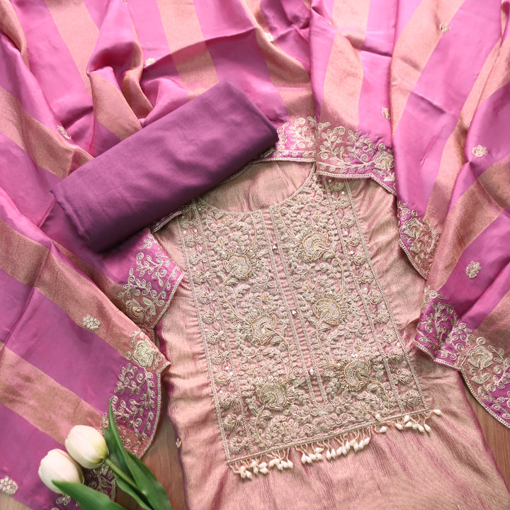 Khayal Vibrant Purple  with Embellished Neckline Work Crushed Tissue Suit Set