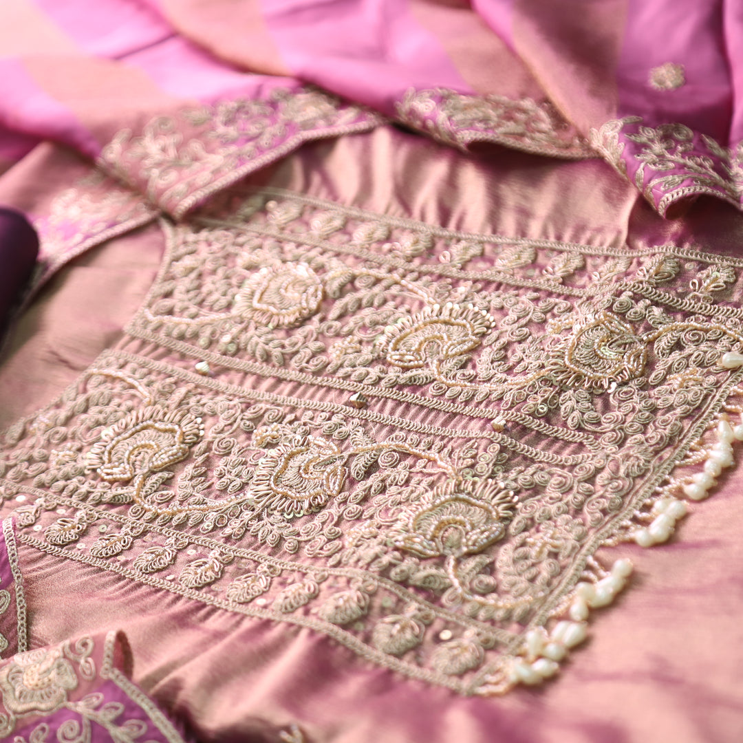 Khayal Vibrant Purple  with Embellished Neckline Work Crushed Tissue Suit Set