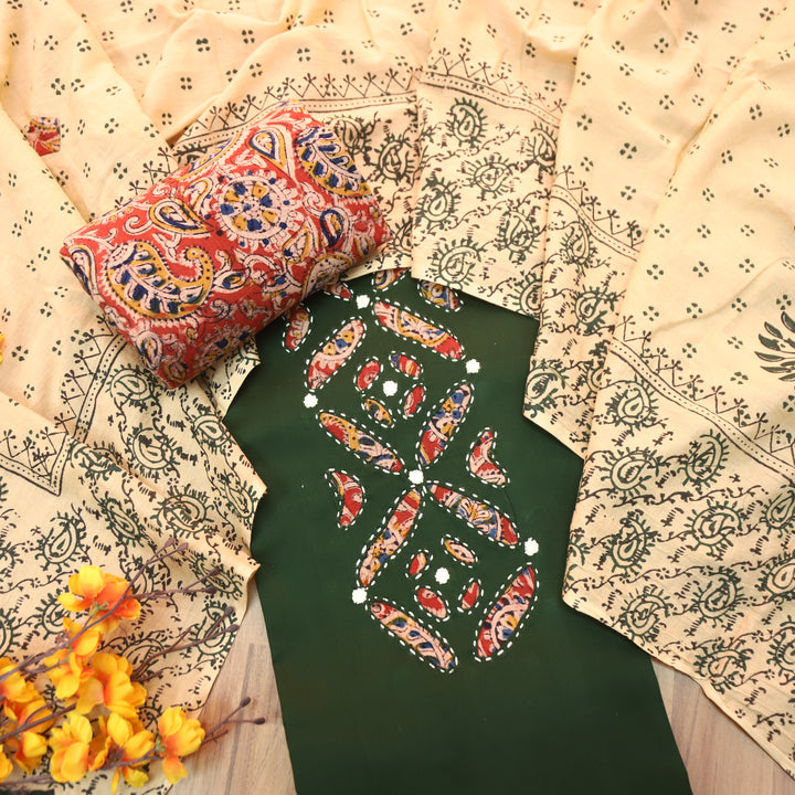 Ishara Sacramento Green Kalamakri Applique Panel with Thread Cotton Set
