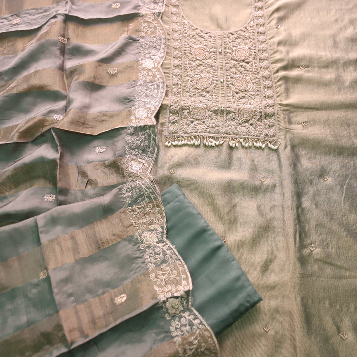 Khayal Rich Teal with Embellished Neckline Work Crushed Tissue Suit Set